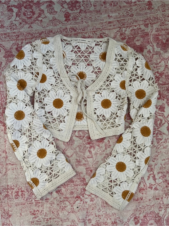 moon & madison Sweaters - moon & madison Crochet Daisy Tie-Front Cardigan in Cream and Mustard